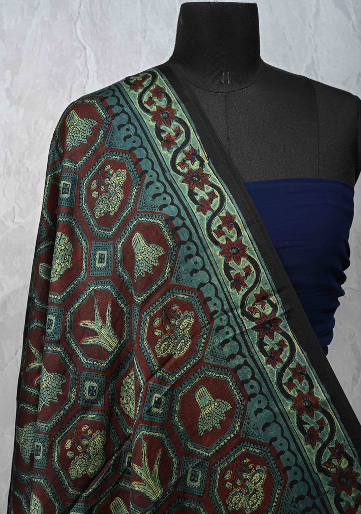 Dupatta: Authentic Dark Maroon Modal Silk Dupatta with Hand block Print