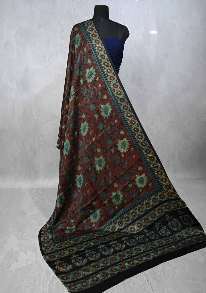 Dupatta: Authentic Maroon Modal Silk Dupatta with Floral Hand block Print