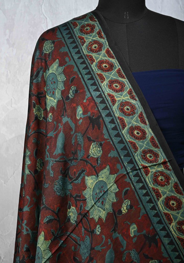 Dupatta: Authentic Maroon Modal Silk Dupatta with Floral Hand block Print