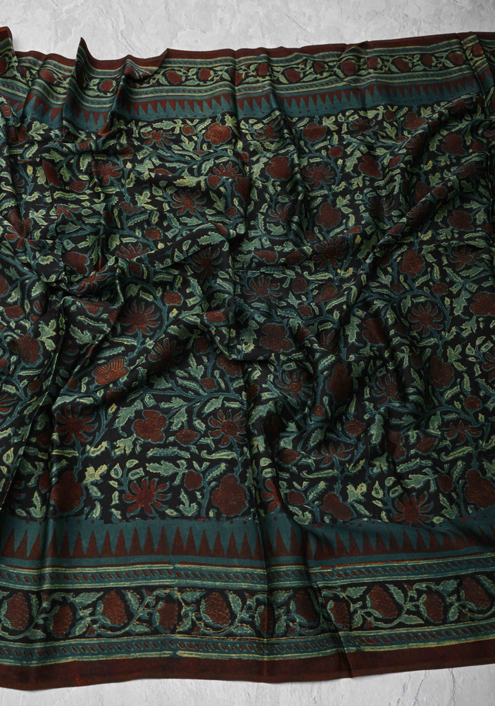 Dupatta: Authentic Black Modal Silk Dupatta with Floral  Hand block Print
