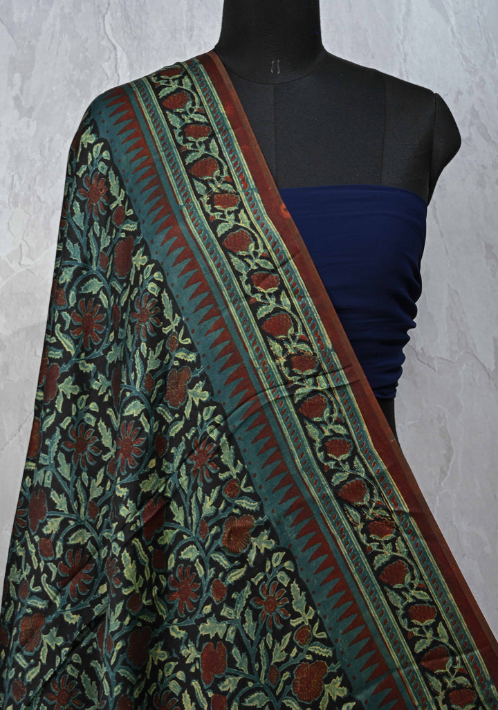 Dupatta: Authentic Black Modal Silk Dupatta with Floral  Hand block Print