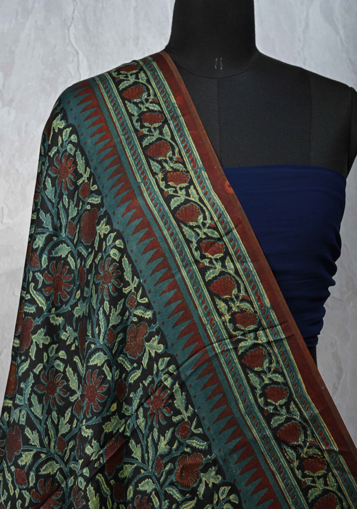 Dupatta: Authentic Black Modal Silk Dupatta with Floral  Hand block Print