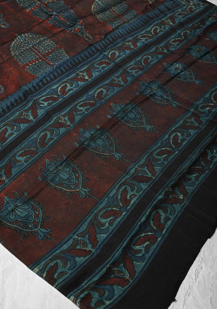 Authentic Dark Maroon Modal Silk Dupatta with Vanaspati hand block print