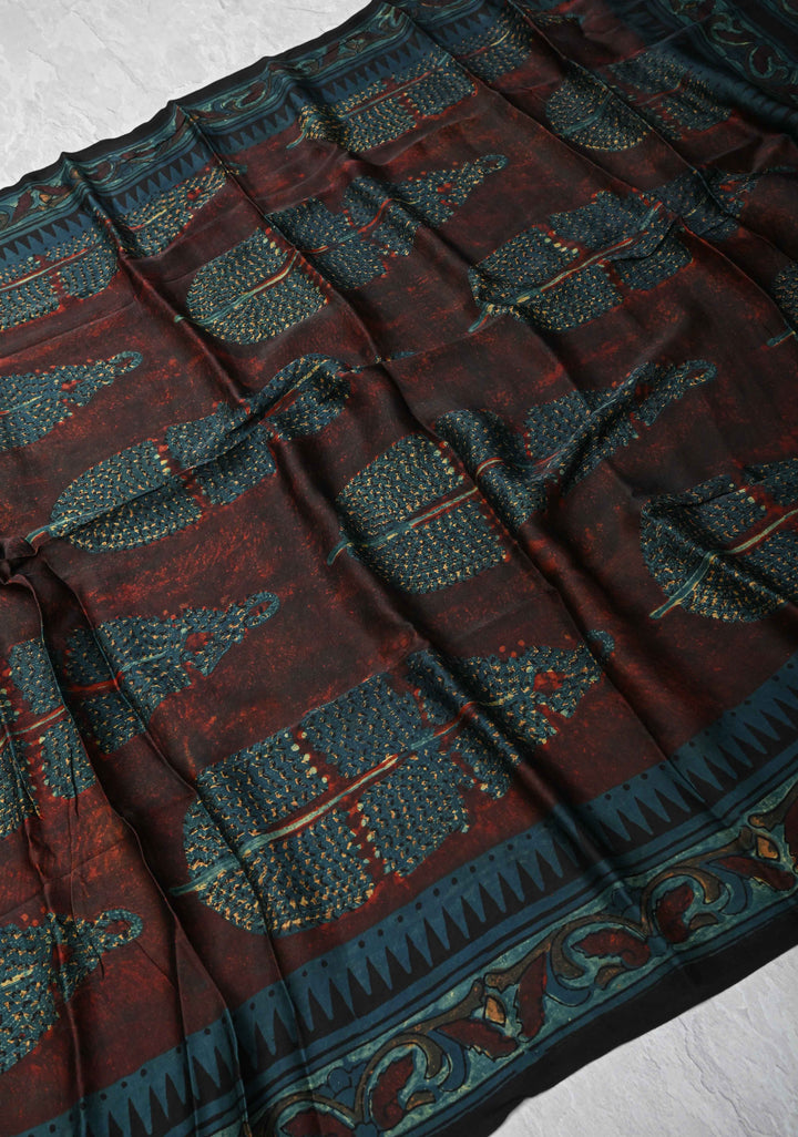 Authentic Dark Maroon Modal Silk Dupatta with Vanaspati hand block print