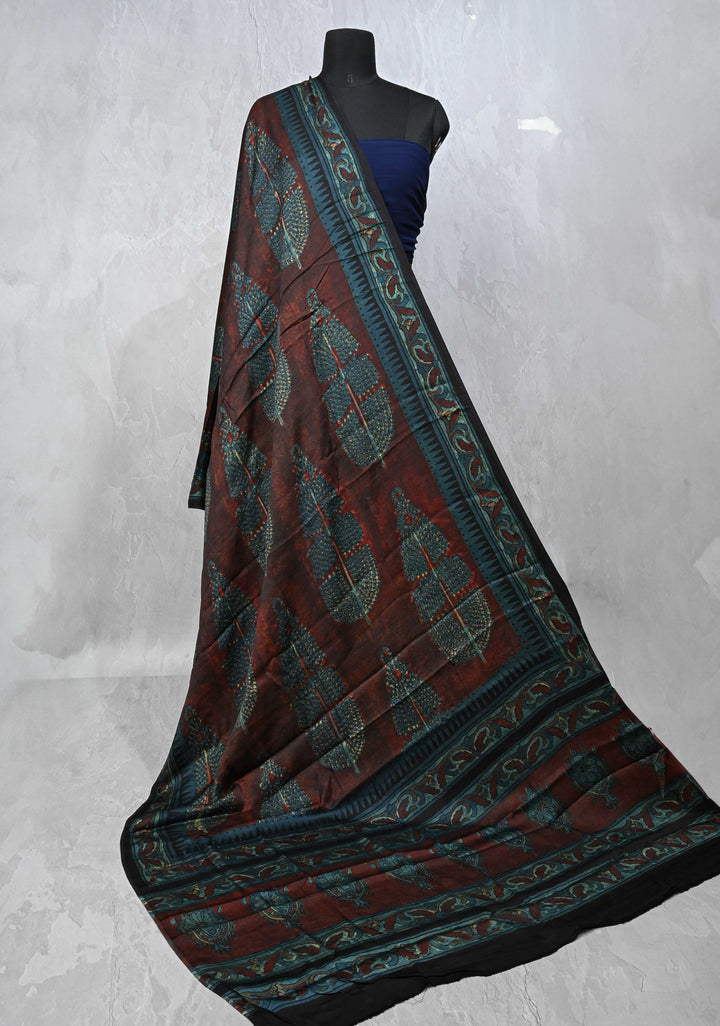 Authentic Dark Maroon Modal Silk Dupatta with Vanaspati hand block print