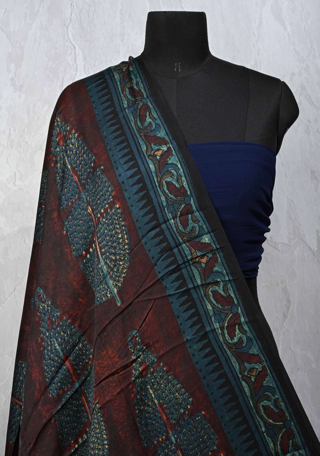 Authentic Dark Maroon Modal Silk Dupatta with Vanaspati hand block print