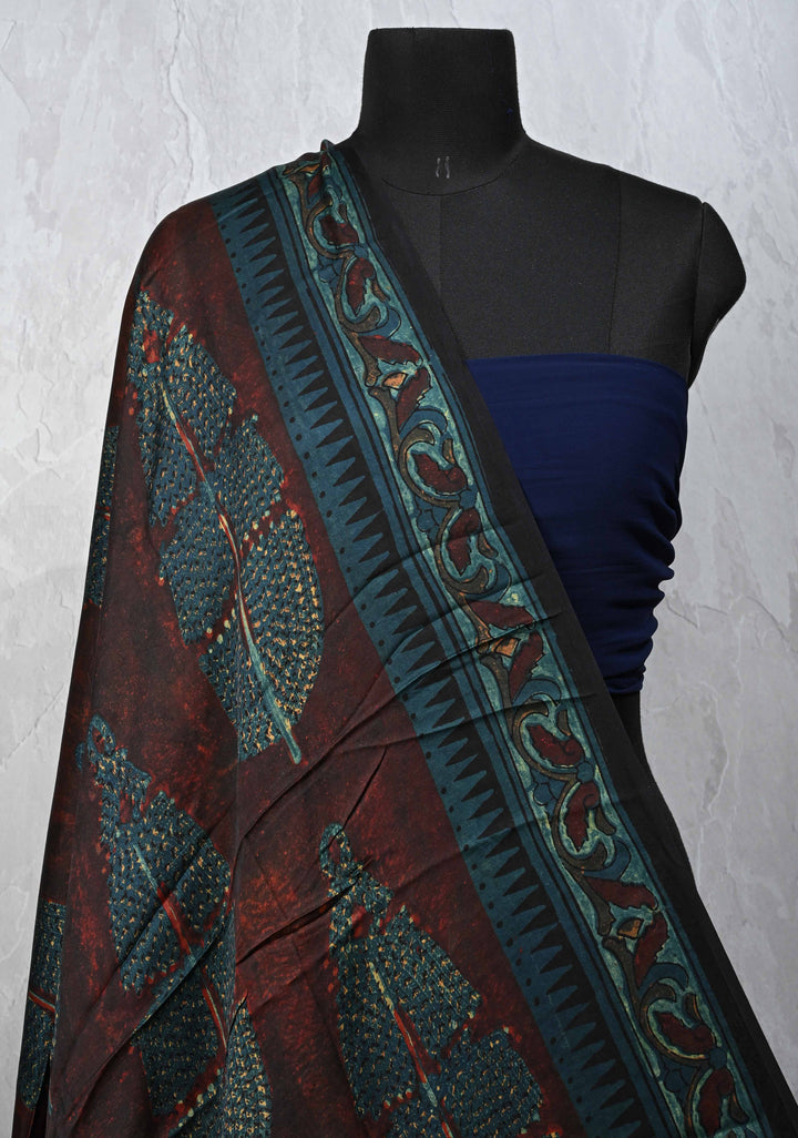 Authentic Dark Maroon Modal Silk Dupatta with Vanaspati hand block print