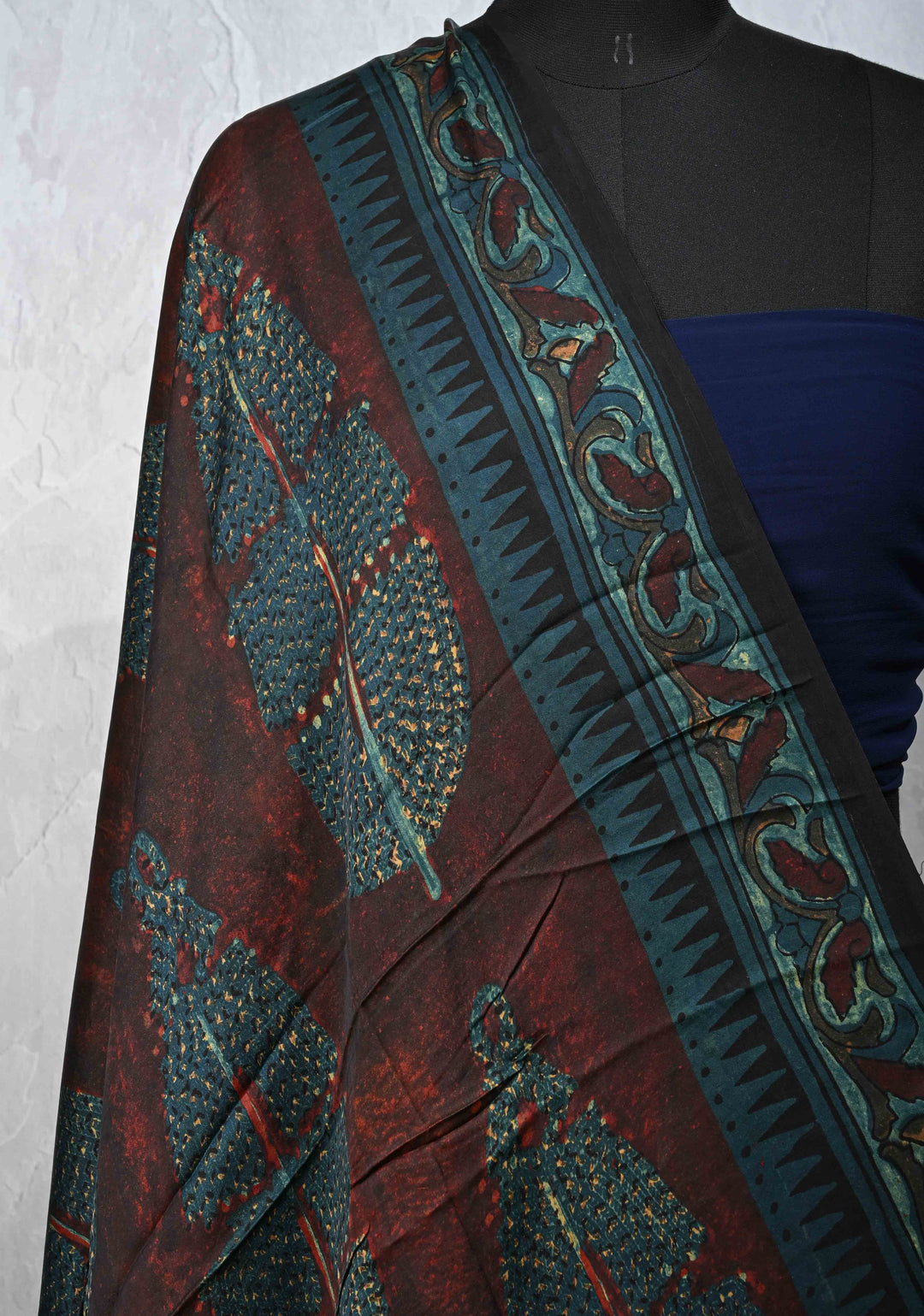 Authentic Dark Maroon Modal Silk Dupatta with Vanaspati hand block print