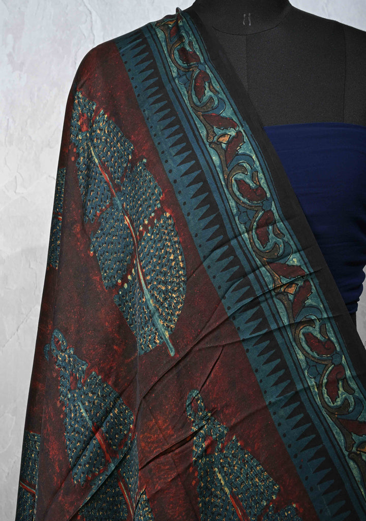 Authentic Dark Maroon Modal Silk Dupatta with Vanaspati hand block print
