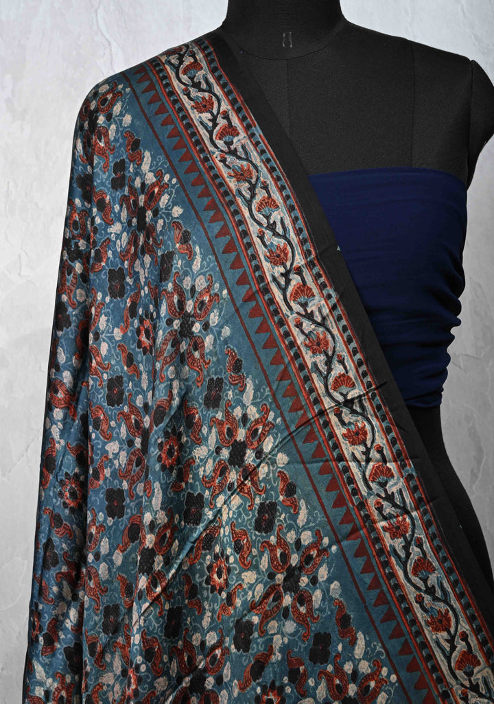 Dupatta: Authentic Teal Modal Silk Dupatta with Hand block Print