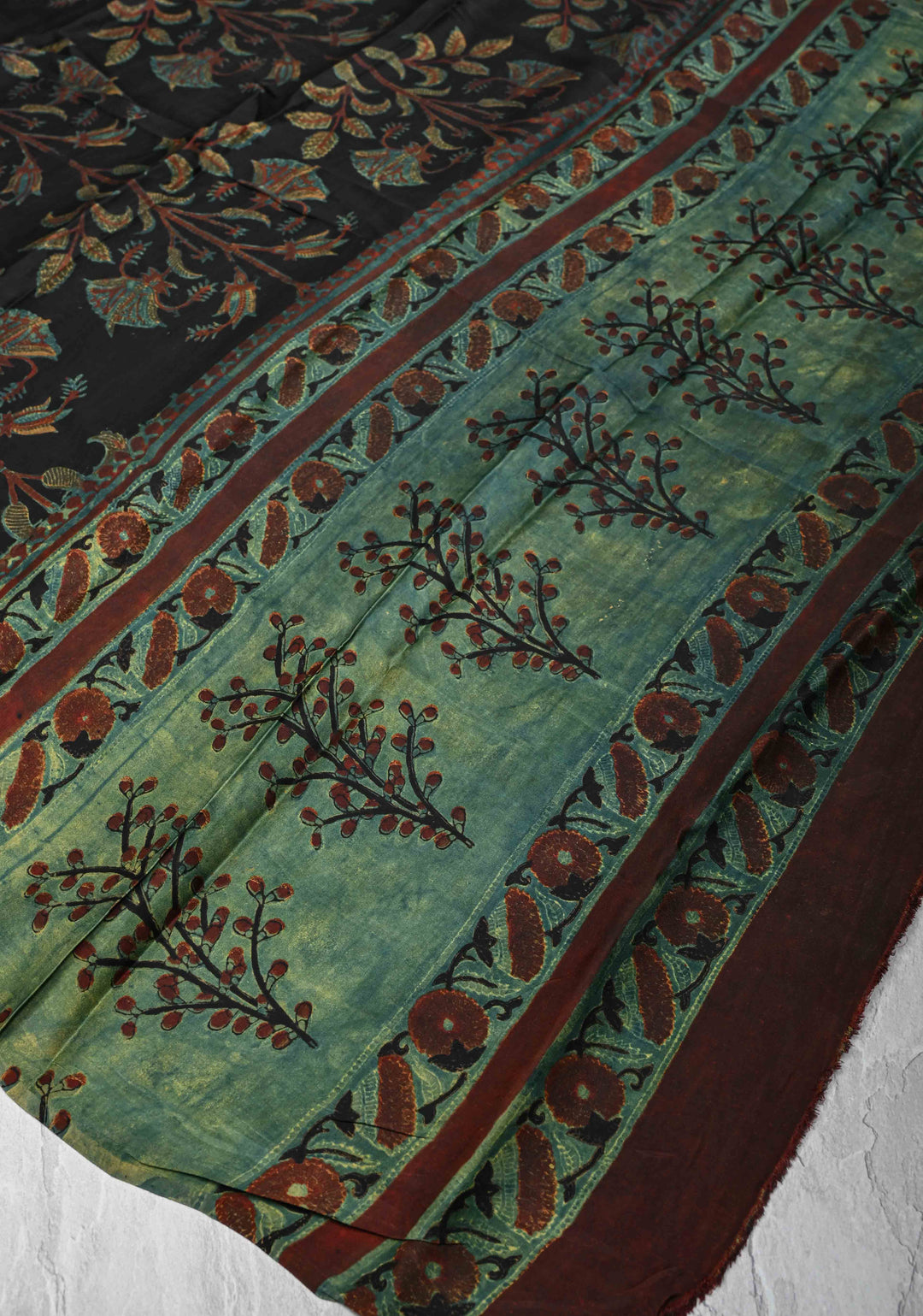 Dupatta: Authentic Black Modal Silk Dupatta with Floral Vanaspati Hand block Print