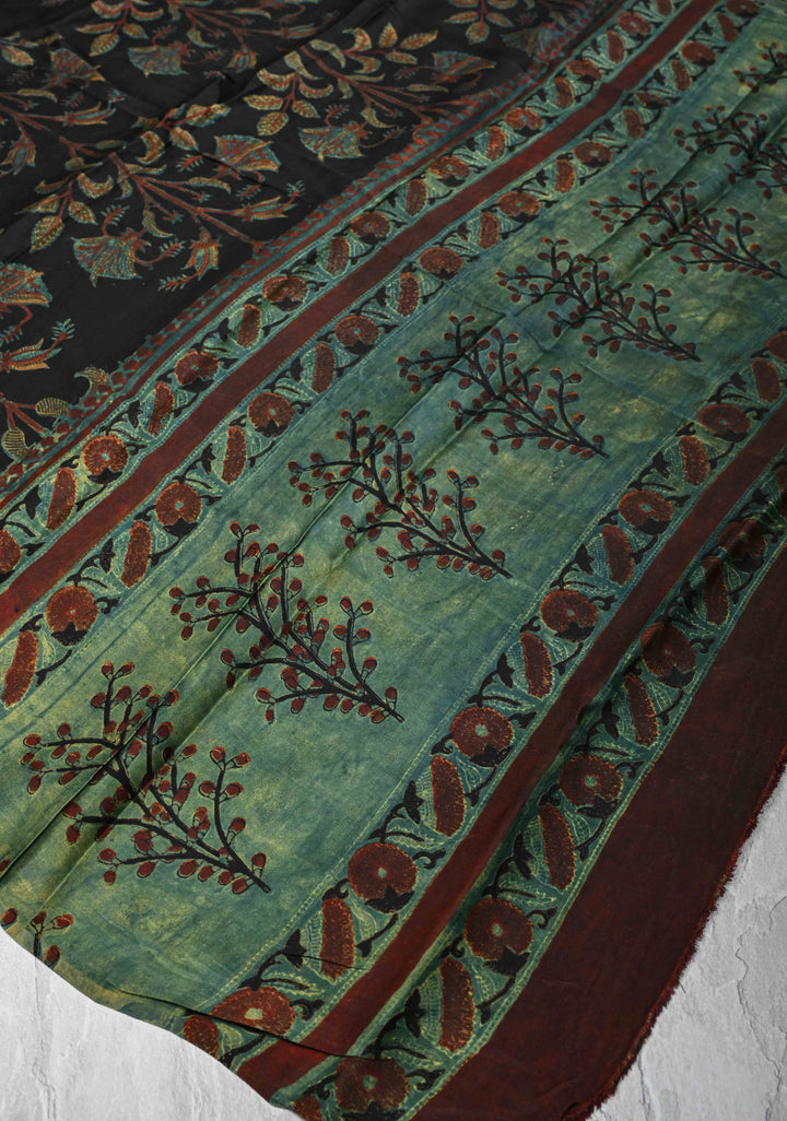 Dupatta: Authentic Black Modal Silk Dupatta with Floral Vanaspati Hand block Print