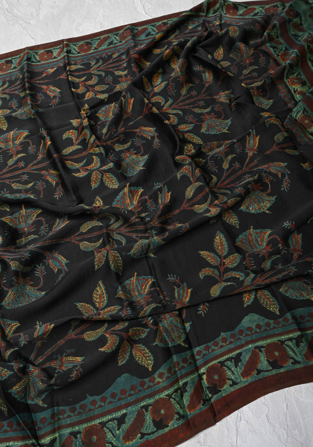 Dupatta: Authentic Black Modal Silk Dupatta with Floral Vanaspati Hand block Print