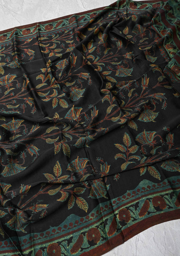 Dupatta: Authentic Black Modal Silk Dupatta with Floral Vanaspati Hand block Print