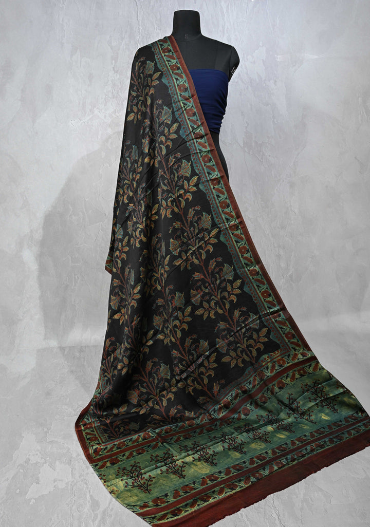 Dupatta: Authentic Black Modal Silk Dupatta with Floral Vanaspati Hand block Print