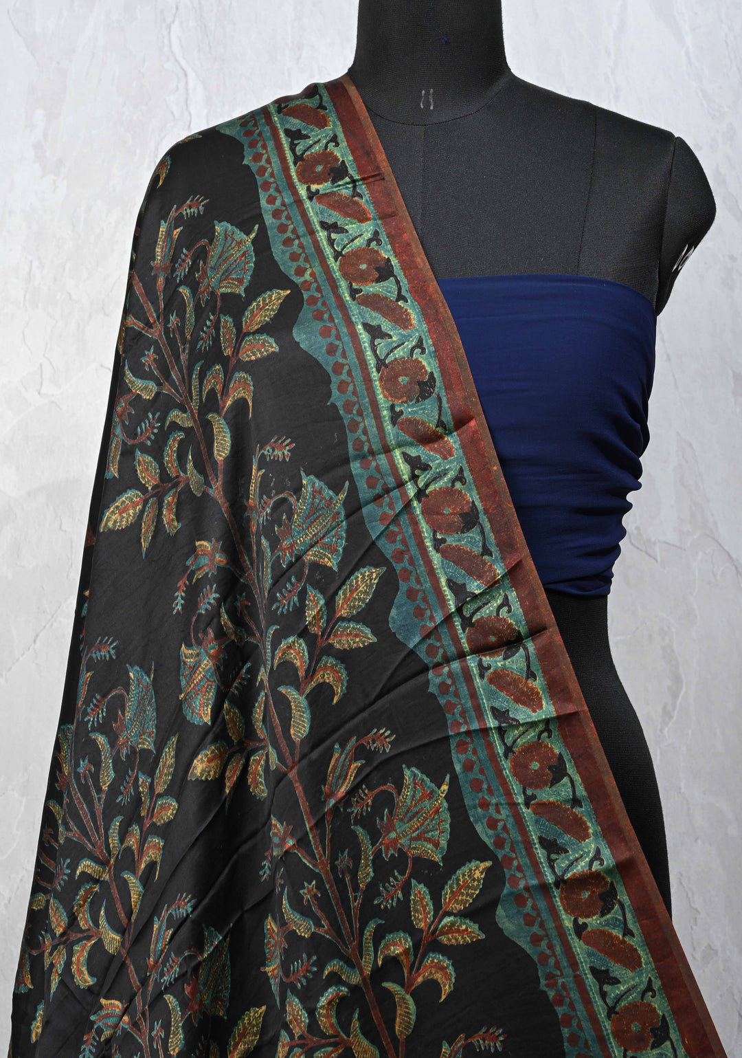 Dupatta: Authentic Black Modal Silk Dupatta with Floral Vanaspati Hand block Print