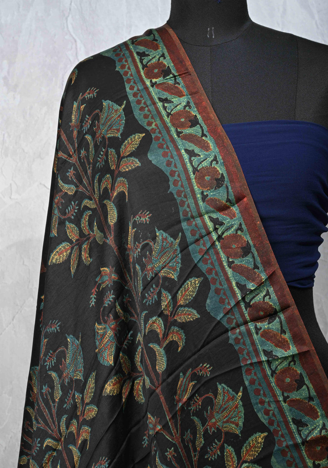Dupatta: Authentic Black Modal Silk Dupatta with Floral Vanaspati Hand block Print