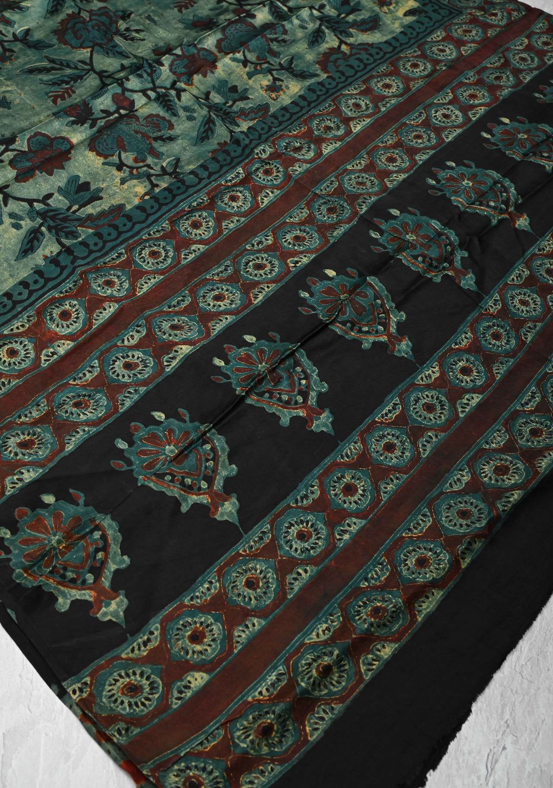 Authentic Green Modal Silk Dupatta with Floral Vanaspati hand block print