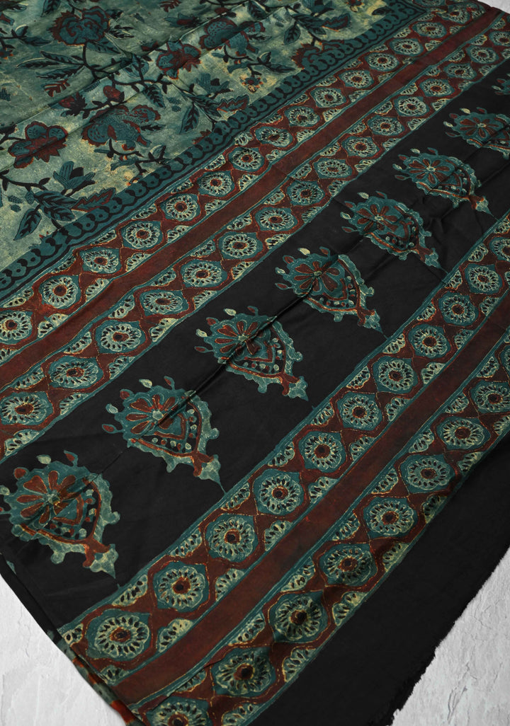 Authentic Green Modal Silk Dupatta with Floral Vanaspati hand block print
