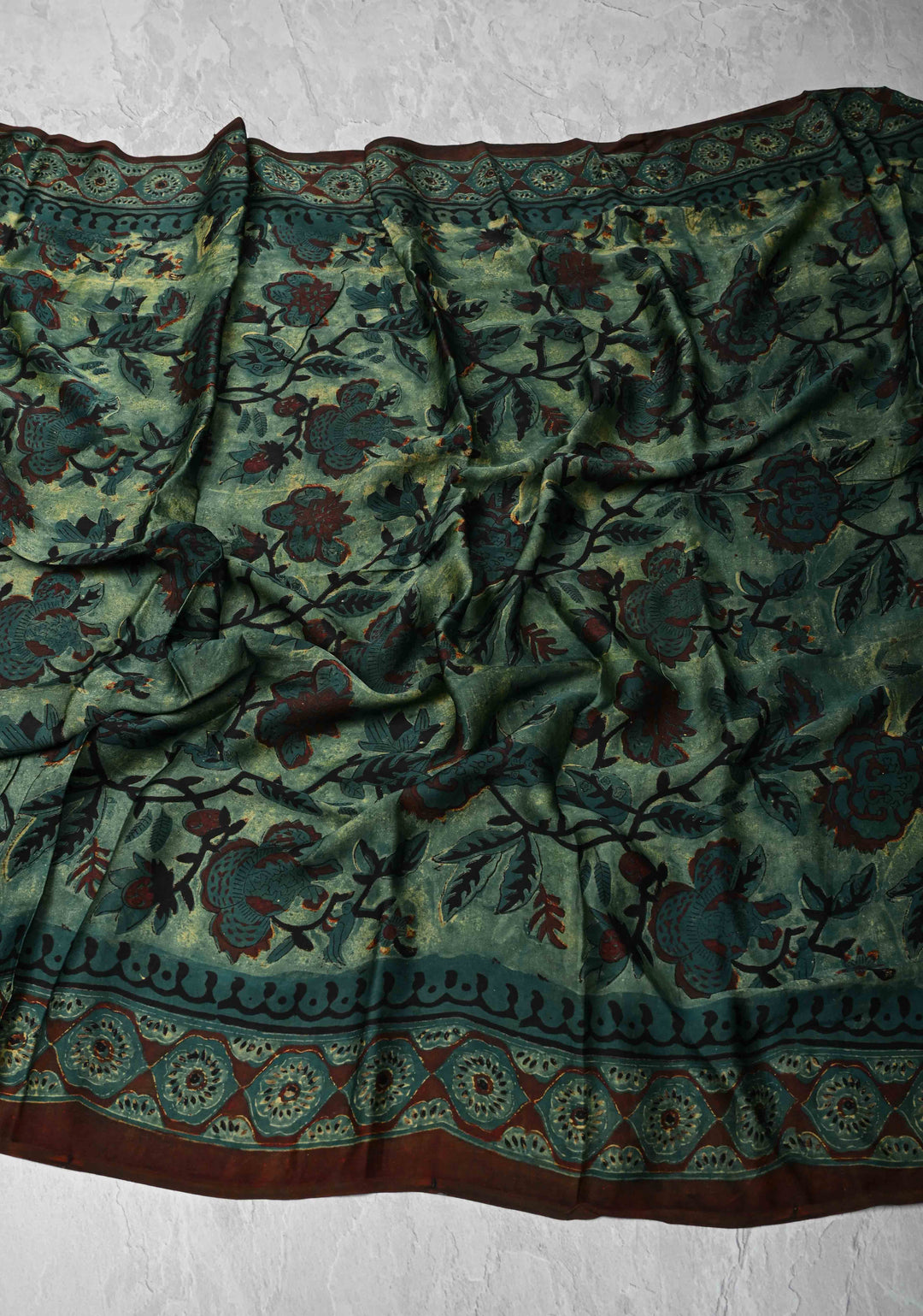 Authentic Green Modal Silk Dupatta with Floral Vanaspati hand block print