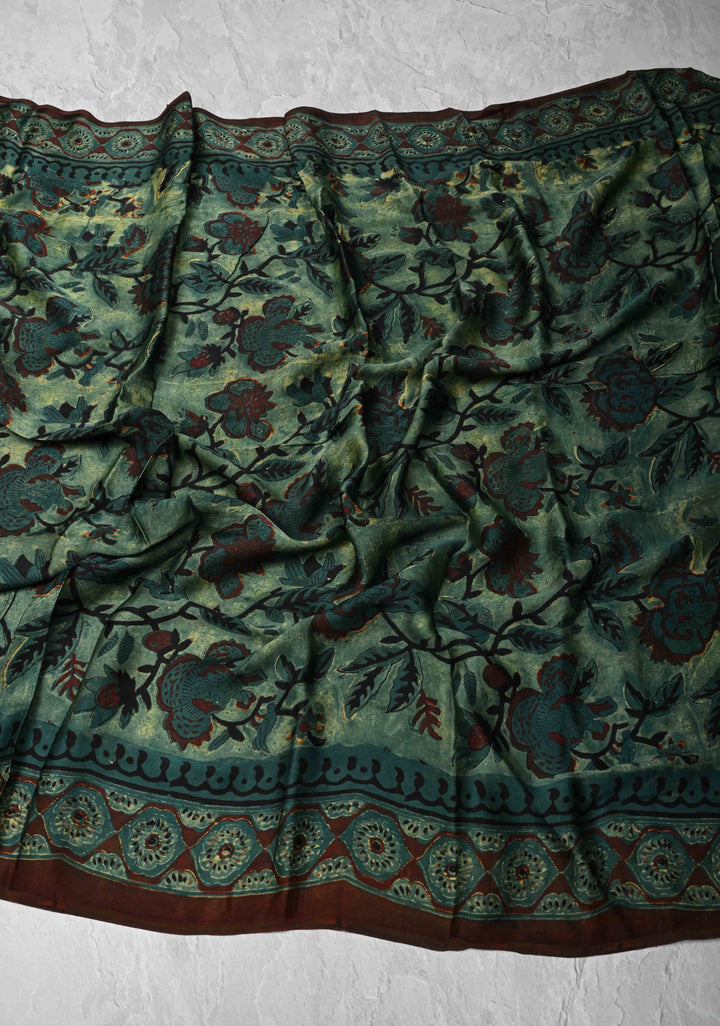 Authentic Green Modal Silk Dupatta with Floral Vanaspati hand block print