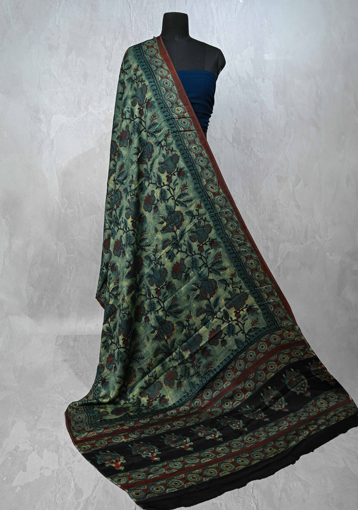 Authentic Green Modal Silk Dupatta with Floral Vanaspati hand block print