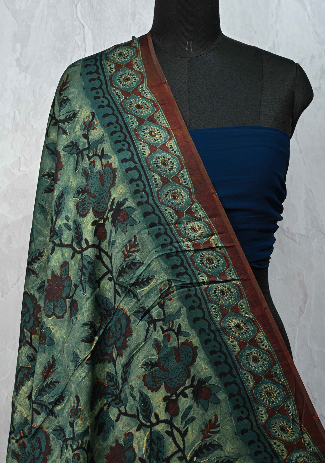 Authentic Green Modal Silk Dupatta with Floral Vanaspati hand block print