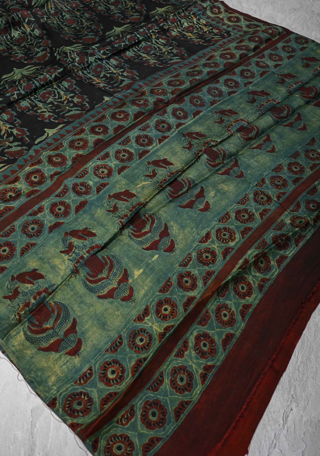 Authentic Black Modal Silk Dupatta with Floral Vanaspathi hand block print
