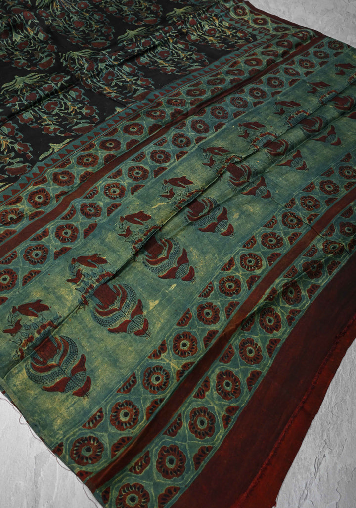 Authentic Black Modal Silk Dupatta with Floral Vanaspathi hand block print