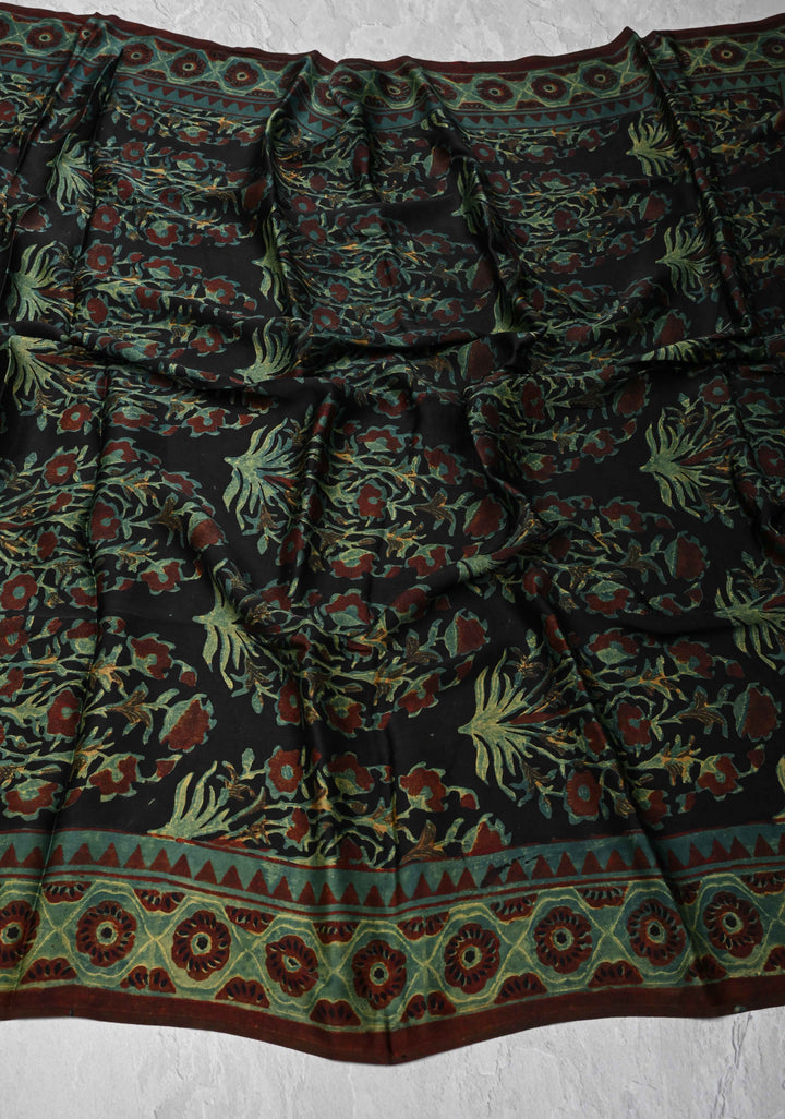 Authentic Black Modal Silk Dupatta with Floral Vanaspathi hand block print