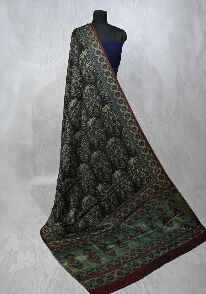 Authentic Black Modal Silk Dupatta with Floral Vanaspathi hand block print
