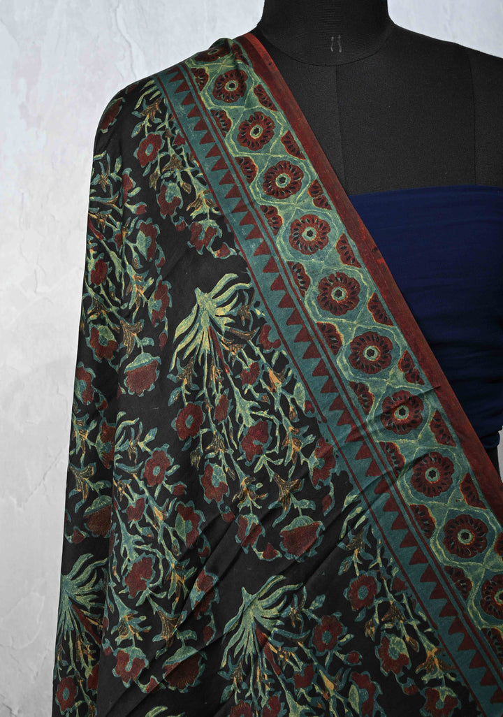 Authentic Black Modal Silk Dupatta with Floral Vanaspathi hand block print