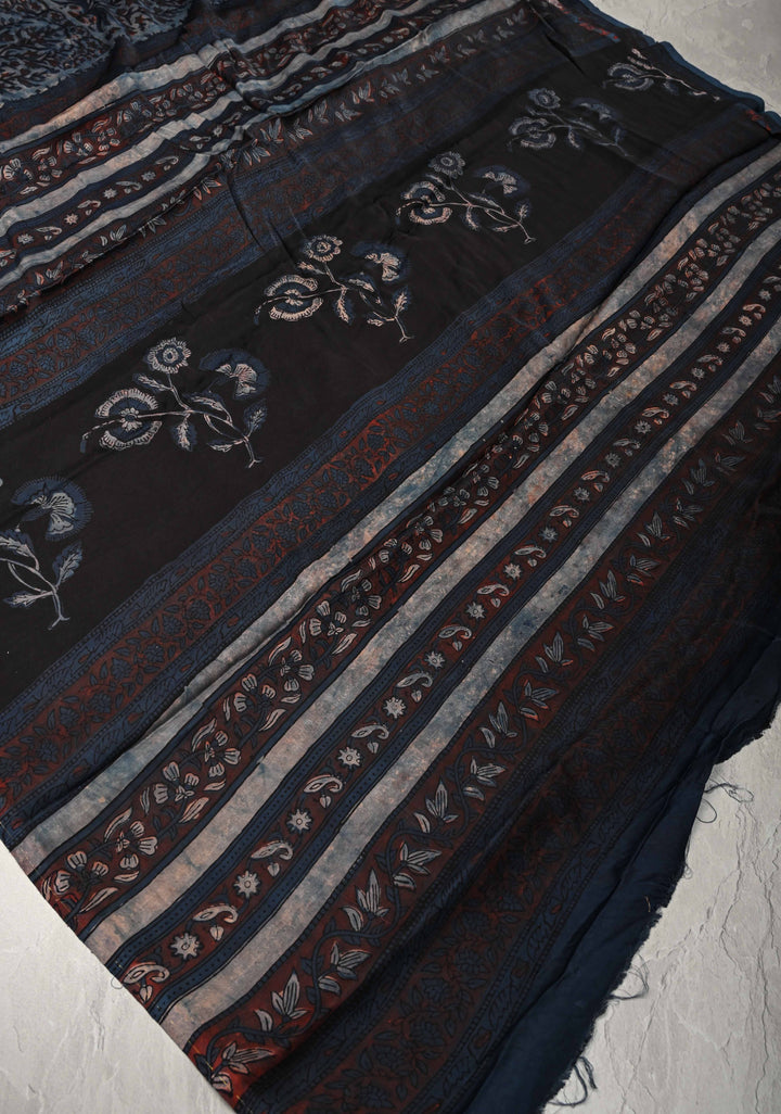 Airforce Blue Vanaspati Hand Block Print on Modal Silk Saree