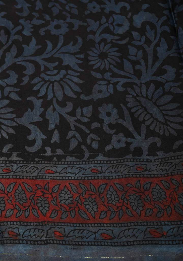 Airforce Blue Vanaspati Hand Block Print on Modal Silk Saree