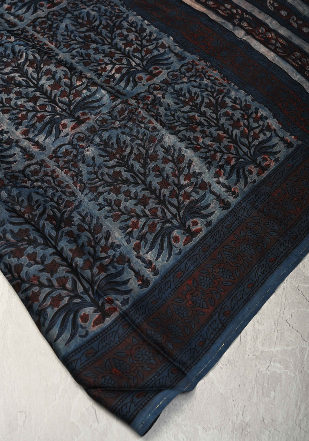 Airforce Blue Vanaspati Hand Block Print on Modal Silk Saree