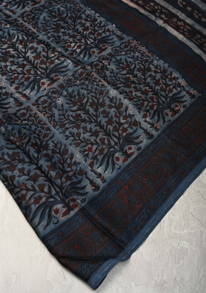 Airforce Blue Vanaspati Hand Block Print on Modal Silk Saree