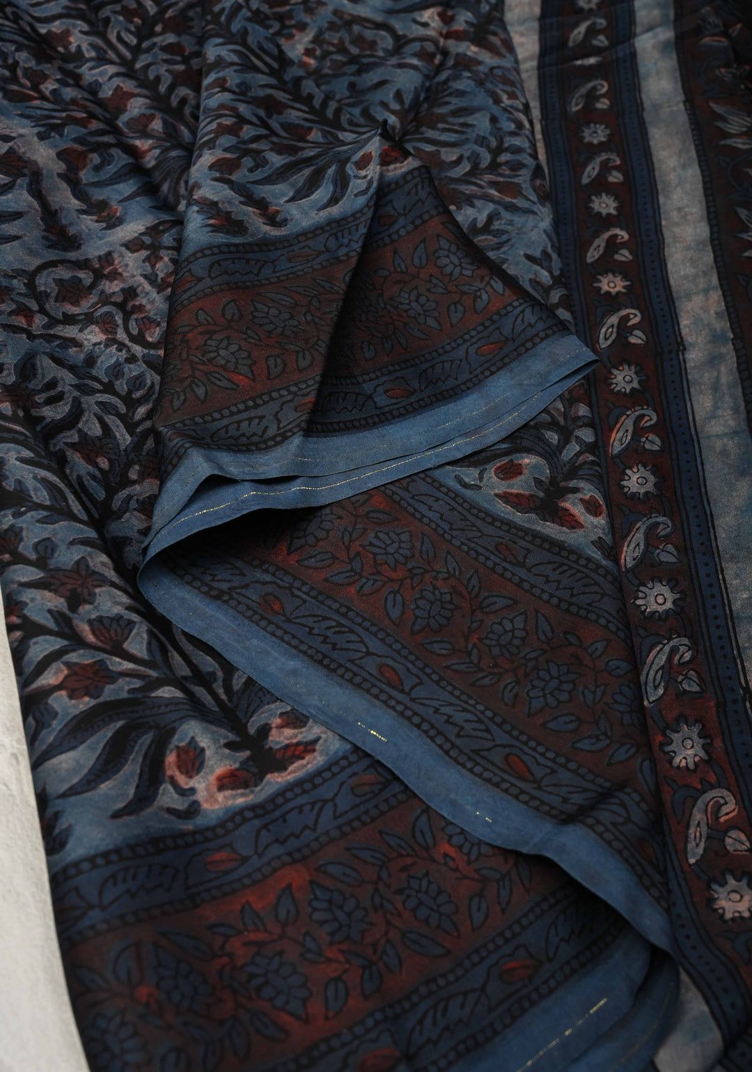 Airforce Blue Vanaspati Hand Block Print on Modal Silk Saree