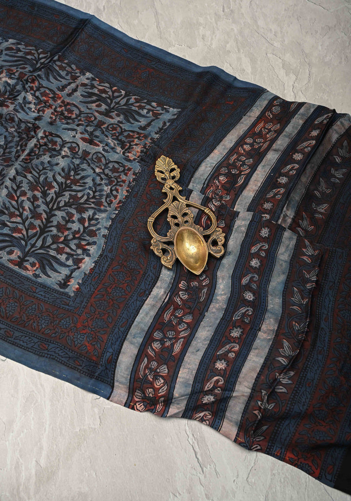 Airforce Blue Vanaspati Hand Block Print on Modal Silk Saree