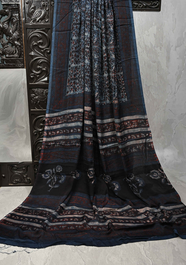Airforce Blue Vanaspati Hand Block Print on Modal Silk Saree