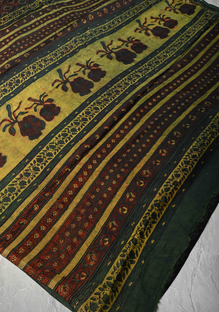 Burnt Umber Vanaspati Hand Block Print on Modal Silk Saree