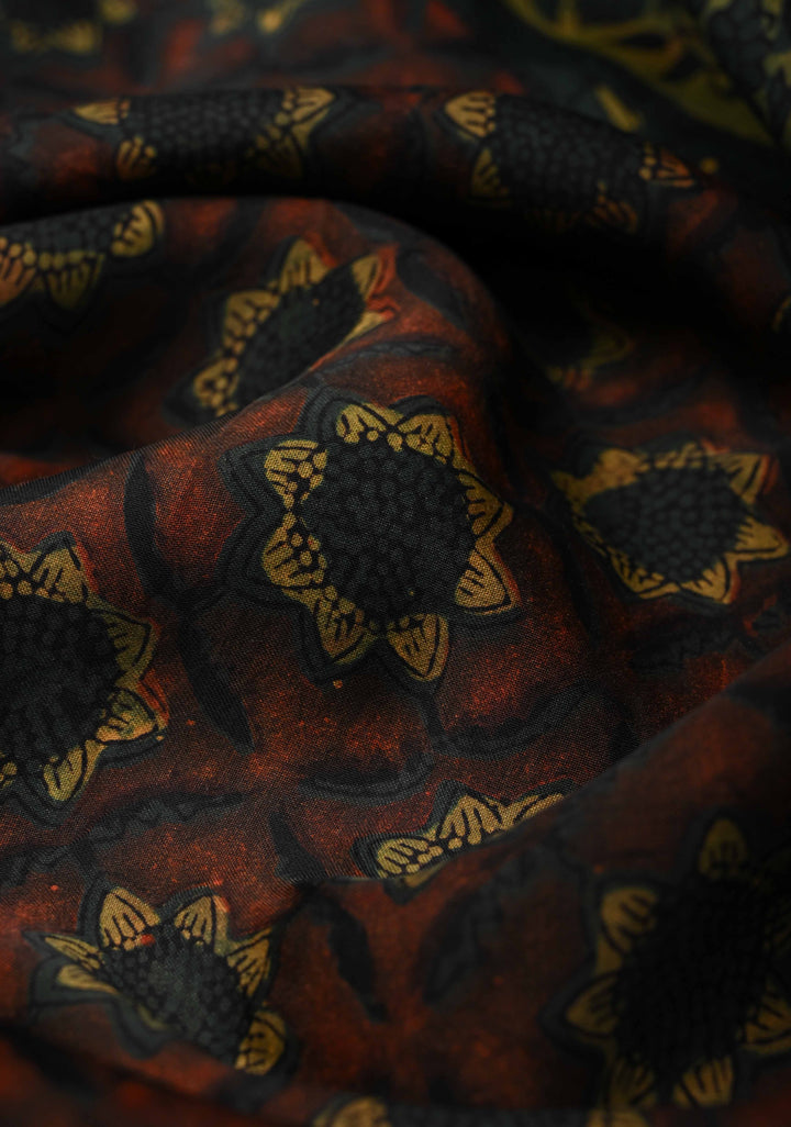 Burnt Umber Vanaspati Hand Block Print on Modal Silk Saree