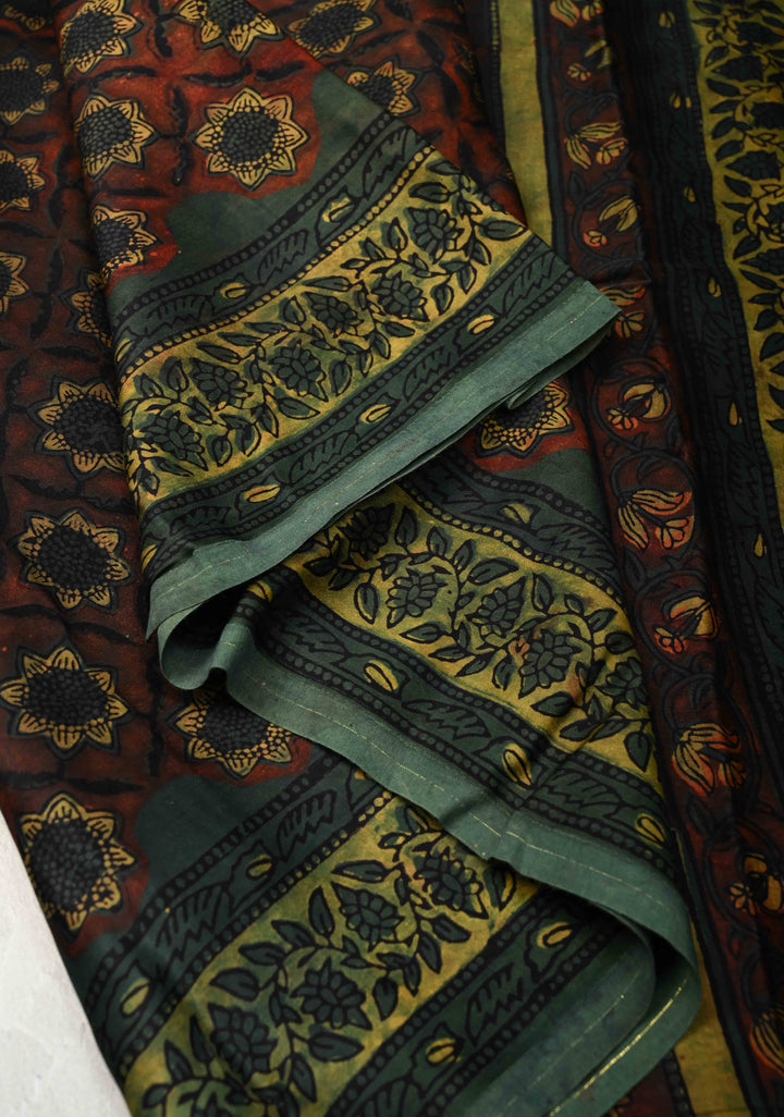 Burnt Umber Vanaspati Hand Block Print on Modal Silk Saree