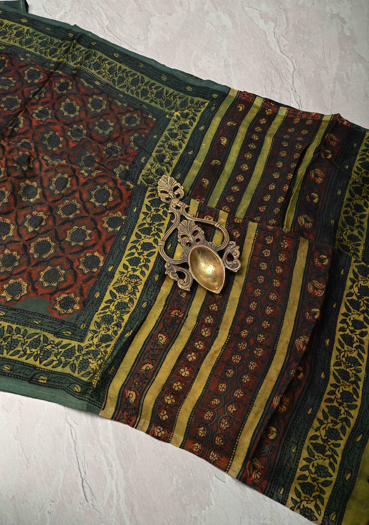 Burnt Umber Vanaspati Hand Block Print on Modal Silk Saree