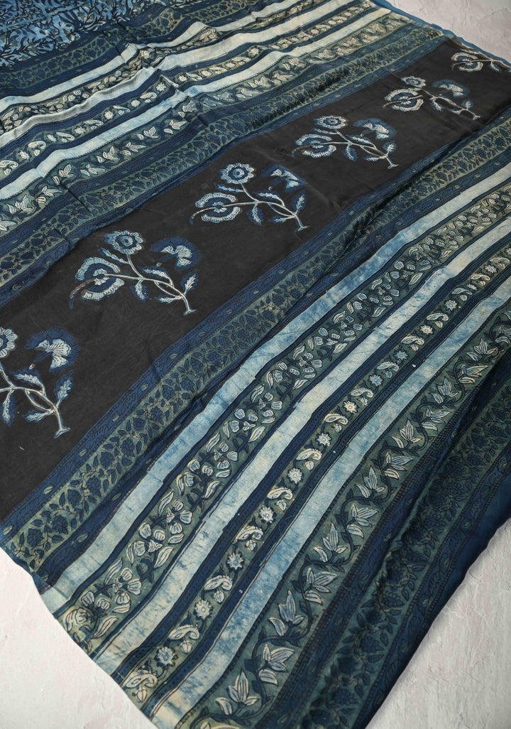 Carolina Blue Vanaspati Hand Block Print on Modal Silk Saree