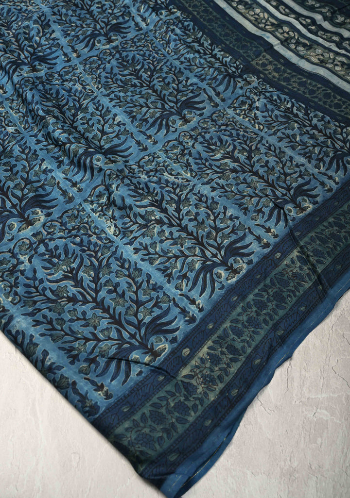 Carolina Blue Vanaspati Hand Block Print on Modal Silk Saree