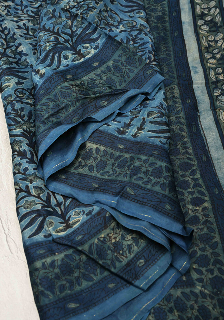 Carolina Blue Vanaspati Hand Block Print on Modal Silk Saree