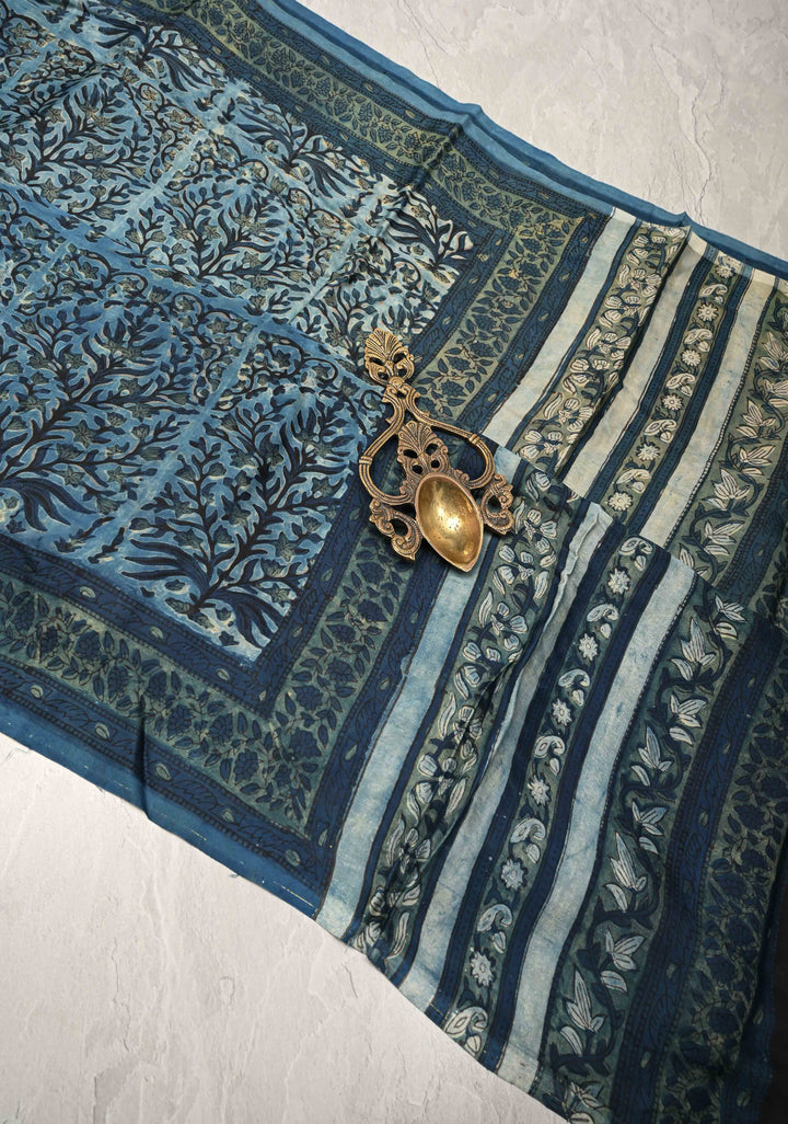 Carolina Blue Vanaspati Hand Block Print on Modal Silk Saree
