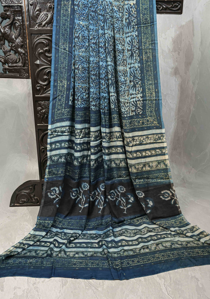 Carolina Blue Vanaspati Hand Block Print on Modal Silk Saree
