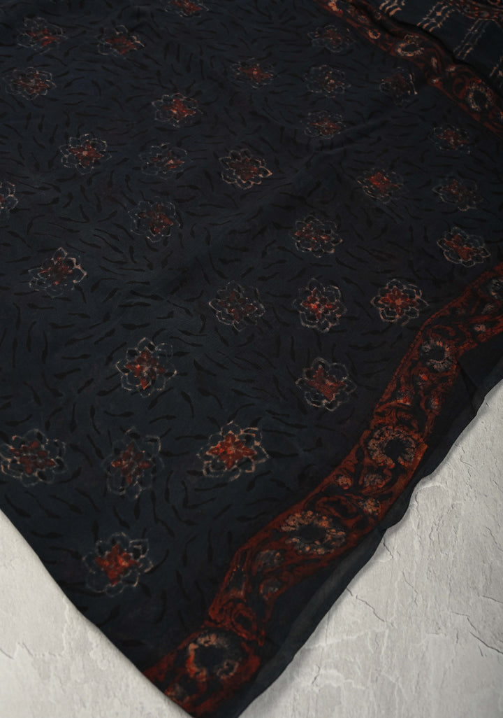 Charcoal Black Georgette Saree with Hand Block Print