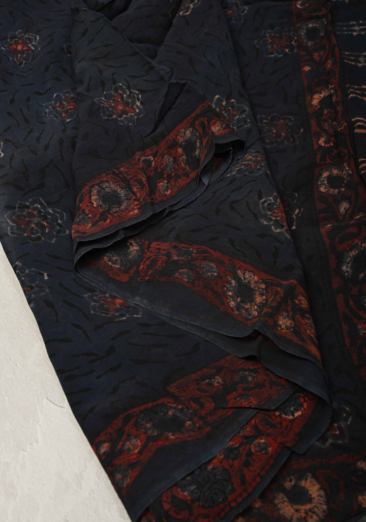 Charcoal Black Georgette Saree with Hand Block Print